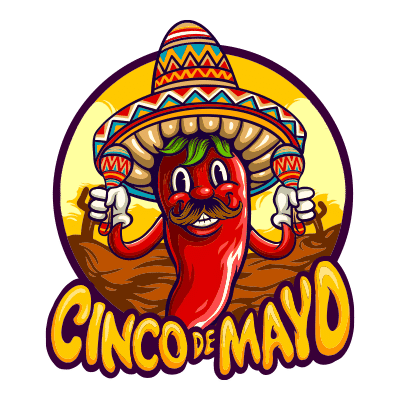 Cinco de Mayo graphic with a chili pepper wearing a sombrero.